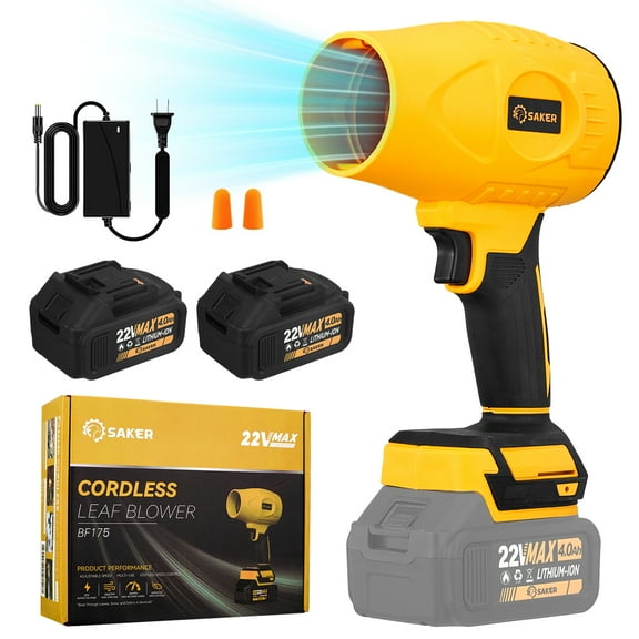 Saker Electric Cordless Leaf Blower with Adjustable Speed, Portable Handheld Leaf Blower with 2x 4.0Ah Batteries for Patio Cleaning, Lawn Care, Yellow