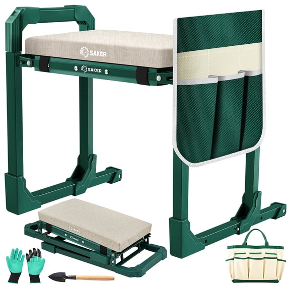 Saker Foldable Garden Kneeler & Seat, Heavy Duty Gardening Stool with Extendable Legs, Cushion & Tool Bag