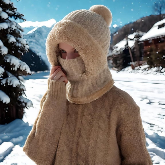 Saker Full Face Knit Hood Hat -Balaclava, Neck Warmer & Beanie, Windproof Winter Face Mask for Skiing, Cycling, Hiking Khaki One Size