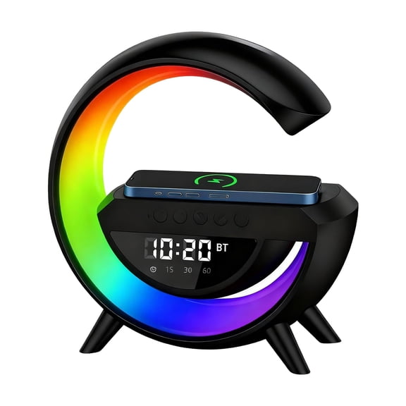 Saker G-Shaped LED Wireless Charging Speaker,Bedside Companion: Fast Wireless Charger, Bluetooth 5.2 Speaker, Digital Clock, Mood Light, and FM Radio Alarm