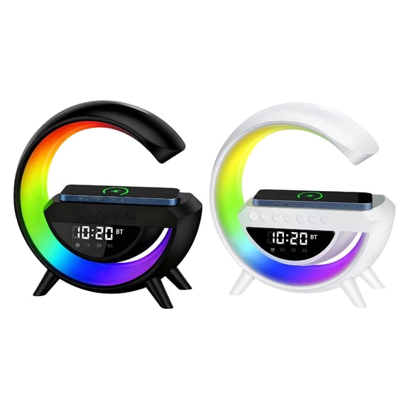 Saker G-Shaped LED Wireless Charging Speaker,Bedside Companion: Fast Wireless Charger, Bluetooth 5.2 Speaker, Digital Clock, Mood Light, and FM Radio Alarm