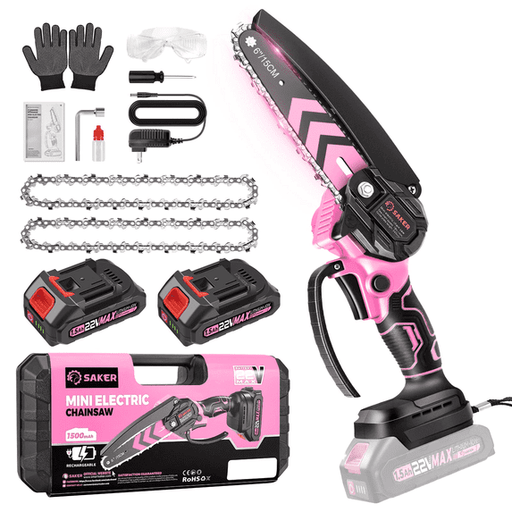 Saker Mini Chainsaw, 6-Inch Electric, Rechargeable, Cordless, Powered by 2x 22V 1500mAh Batteries, Includes 2 Chains, for Women & Elderly, Pink
