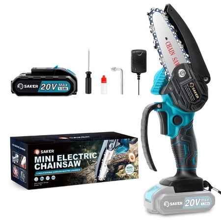 Saker Mini Chainsaw 4 Inch, Battery Powered Chainsaw, Cordless, Rechargeable 20V 1500mAh