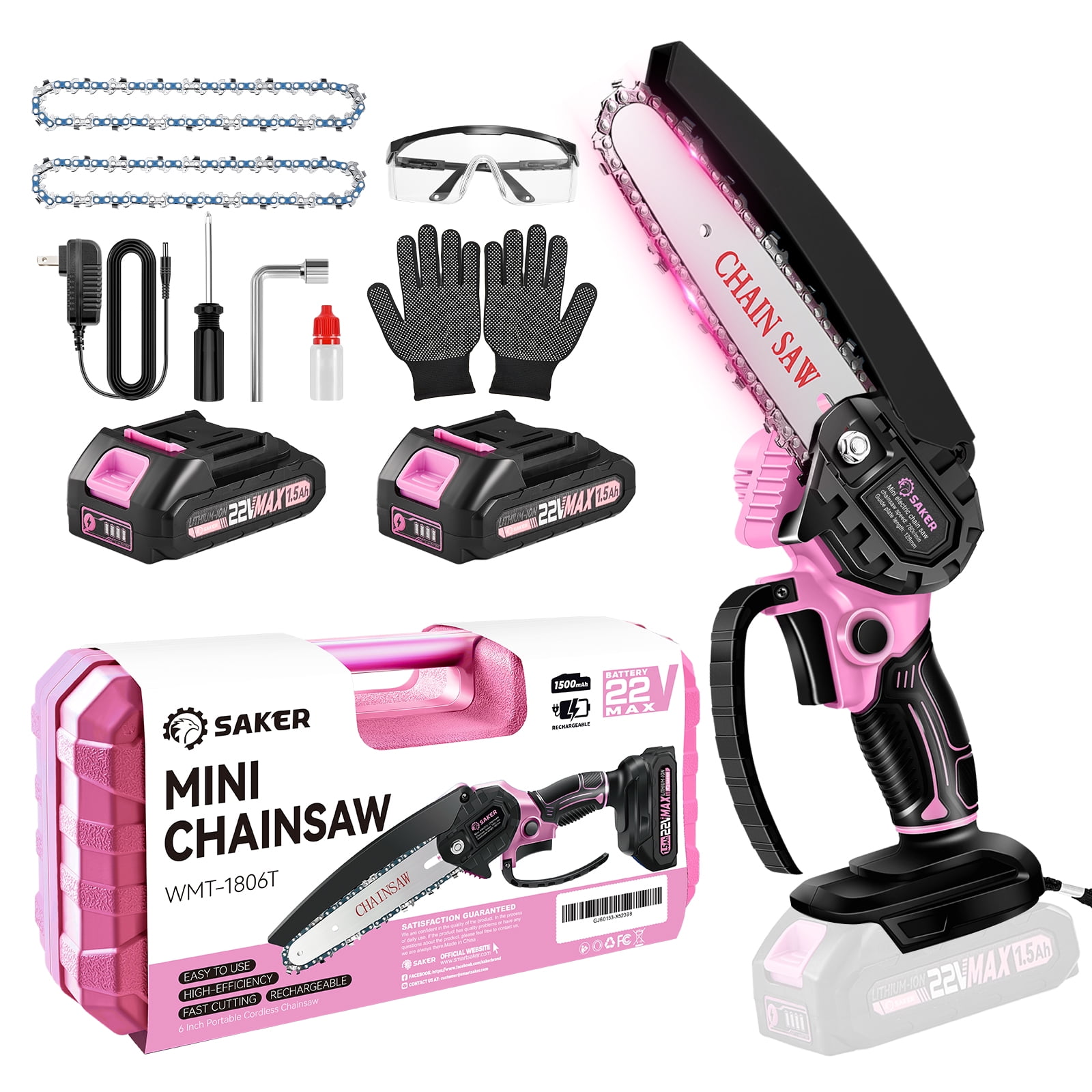 Saker Mini Chainsaw, 6-Inch Electric, Rechargeable, Cordless, Powered by 2x 22V 1500mAh Batteries, Includes 2 Chains, for Women & Elderly, Pink