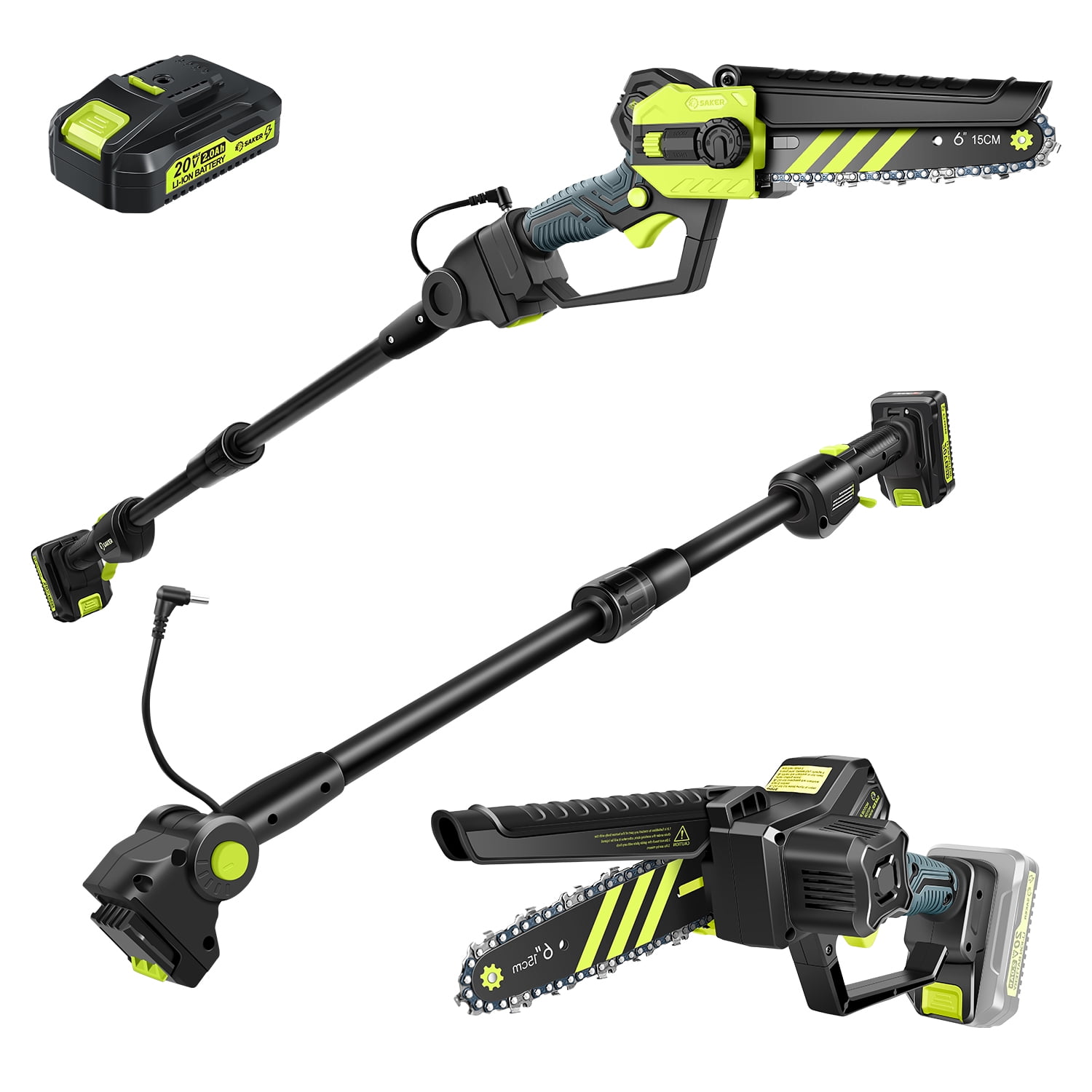 Saker Pole Saw, 6 Inch Brushless Mini Chainsaw with 6.5ft Extension Rod