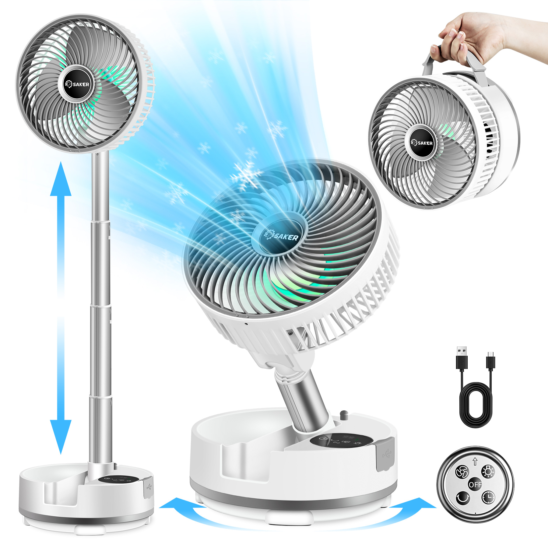 Saker 8" Portable Foldable Fan, 9 Speeds, 20000mAh, USB Rechargeable, Remote Control, LED Light, Quiet, Ideal for Camping & Office