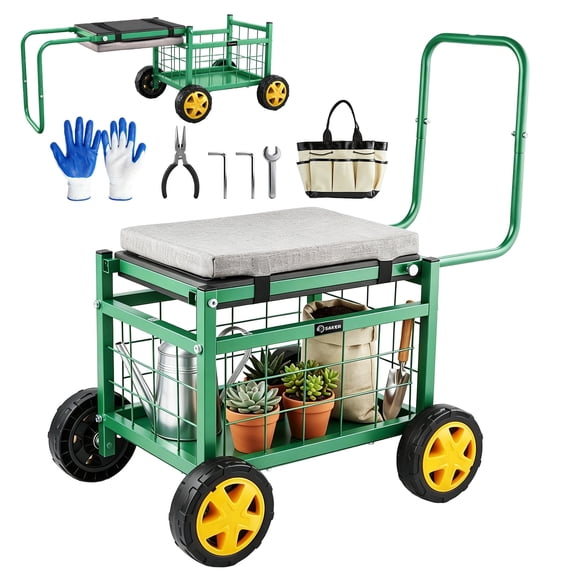 Saker Rolling Garden Cart with Seat, 500 LBS Capacity, 4-in-1 Heavy-Duty Metal Wagon with Stool on Wheels for Lawn, Patio & Backyard
