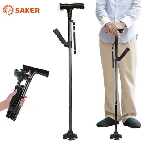 Saker Standing Cane,Foldbale Free Standing Cane,Height Adjustable Walking Stick With LED,For Seniors Adults
