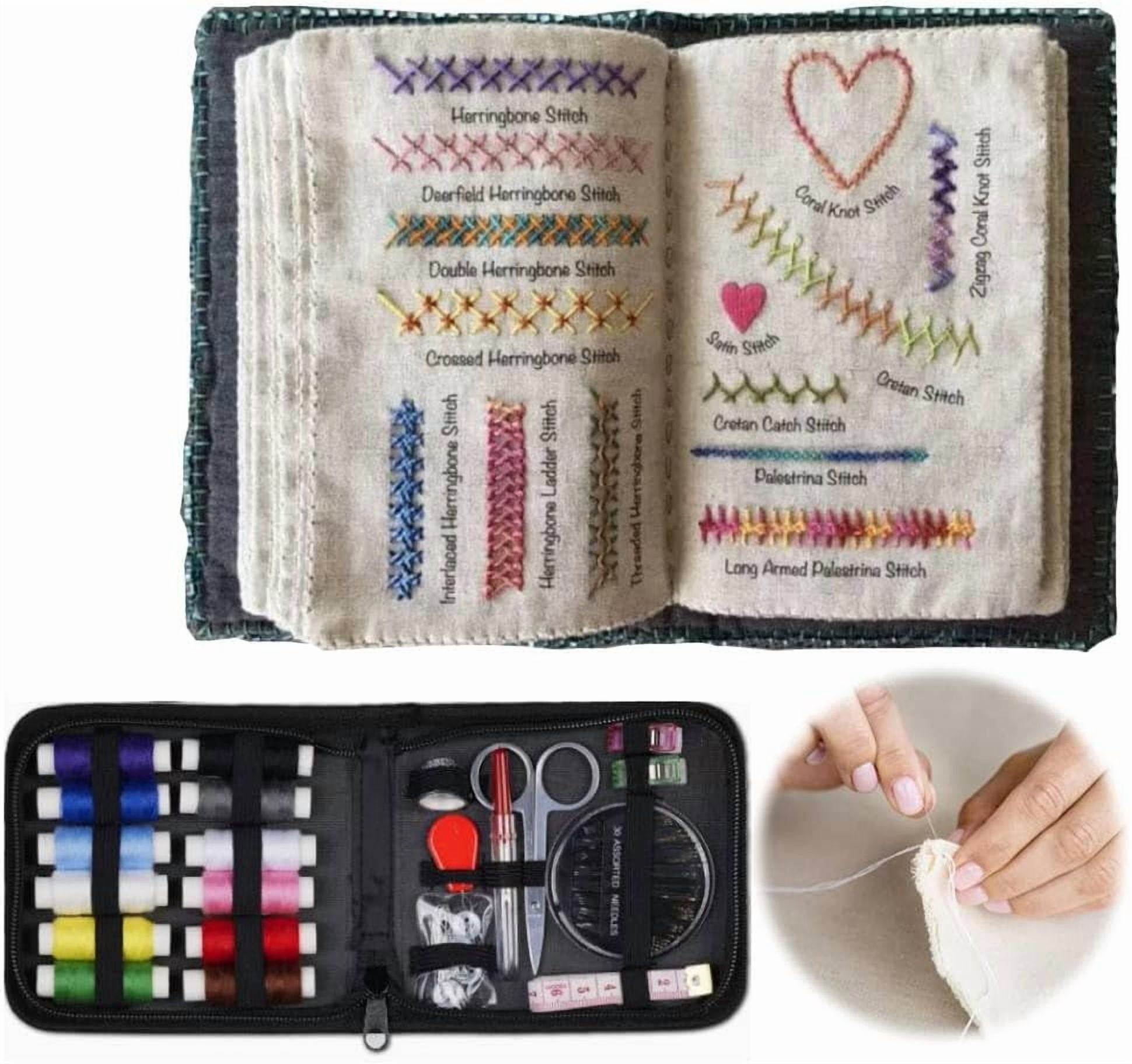 Saker Stitch Book Embroidery Kit: All-in-One Linen Embroidery Reference Guide with Multiple Sewing Tools, Floss, Needles & Scissors - Portable Gift