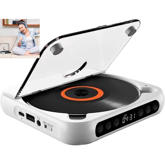 Sakerplus Portable Bluetooth CD Player – Hi-Fi Sound, Wireless & Wired Playback, Rechargeable Battery, Compact & Lightweight, Supports Bluetooth Headphones and AUX Output (White)