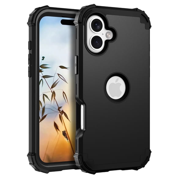 for iPhone 16 Case, Slim Dual Layer 3 in 1 Heavy Duty Protection Hybrid Hard PC Soft Silicone Rugged Bumper Anti Slip Full-Body Protective Cases for iPhone 16, Black