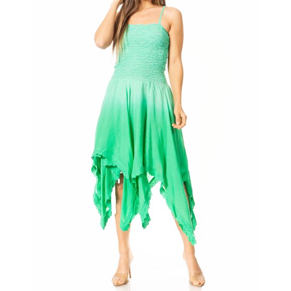 Sakkas 2058 - Ella Smocked Bodice Spaghetti Strap Double Layered Dress - O-SpringGreen - OS