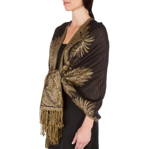 Sakkas 70" x 28" Big Paisley Jacquard Layered Woven Pashmina Shawl / Wrap Stole - Black