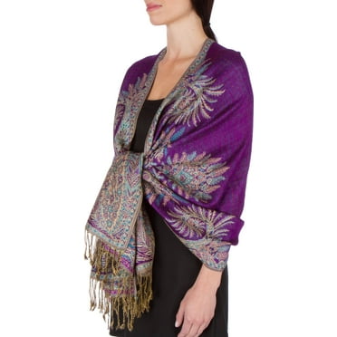 Sakkas 70" x 28" Big Paisley Jacquard Layered Woven Pashmina Shawl / Wrap Stole - Purple - One Size