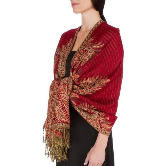 Sakkas 70" x 28" Big Paisley Jacquard Layered Woven Pashmina Shawl / Wrap Stole - Red
