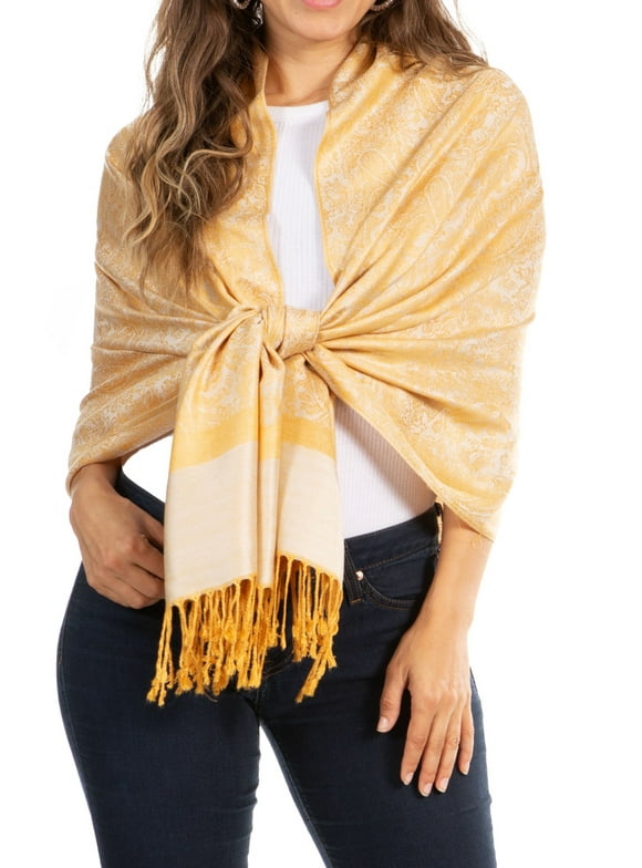 Sakkas 70" x 28" Paisley Self-Design Pashmina Shawl / Wrap / Stole - Mustard - One Size