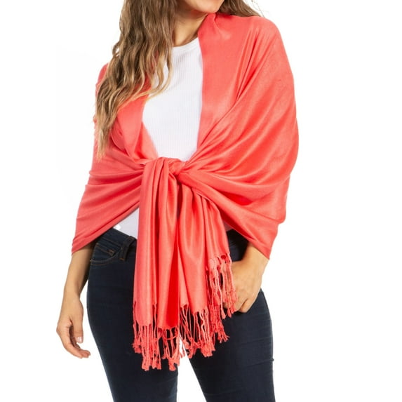 Sakkas 78" X 28" Rayon from Bamboo Soft Solid Pashmina Feel Shawl / Wrap / Stole - Coral - One Size