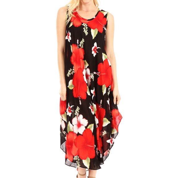 Sakkas Aba Women's Casual Summer Floral Print Sleeveless Loose Dress Cover-up - B-Red - One Size