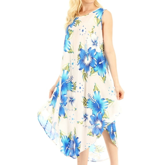 Sakkas Aba Women's Casual Summer Floral Print Sleeveless Loose Dress Cover-up - W-Blue - One Size