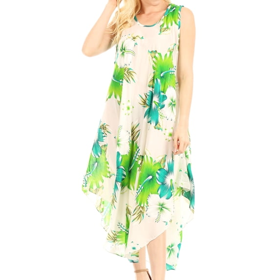 Sakkas Aba Women's Casual Summer Floral Print Sleeveless Loose Dress Cover-up - W-Green - One Size