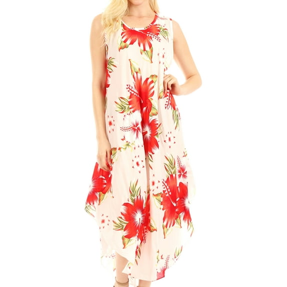 Sakkas Aba Women's Casual Summer Floral Print Sleeveless Loose Dress Cover-up - W-Red - One Size