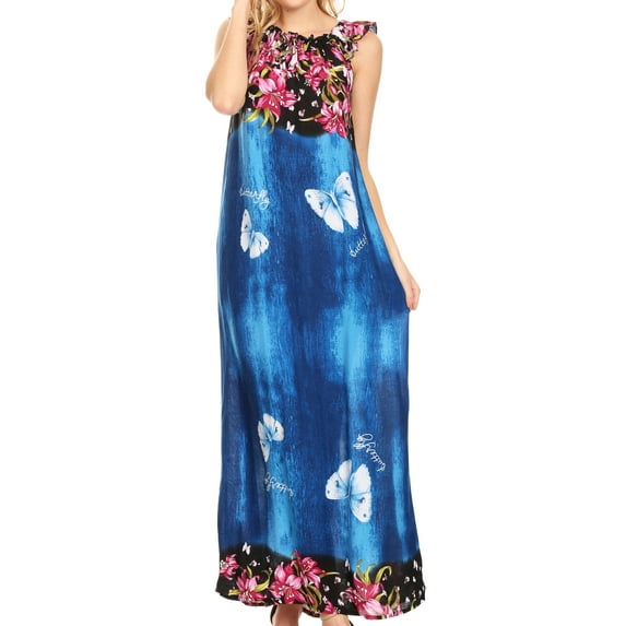 Sakkas Abby Womens Casual Long Tropical Off Shoulder Dress Elastic & Floral Print - Blue - Medium