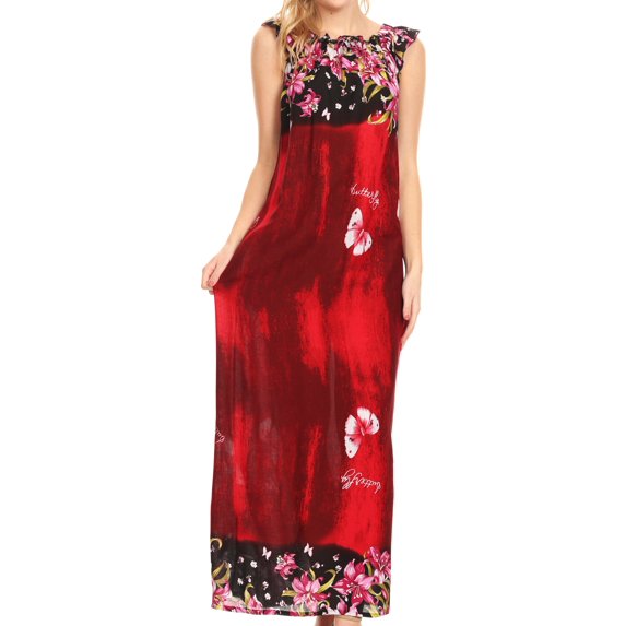 Sakkas Abby Womens Casual Long Tropical Off Shoulder Dress Elastic & Floral Print - Burgundy - Large