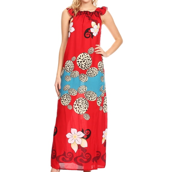 Sakkas Abby Womens Casual Long Tropical Off Shoulder Dress Elastic & Floral Print - Red - XXL