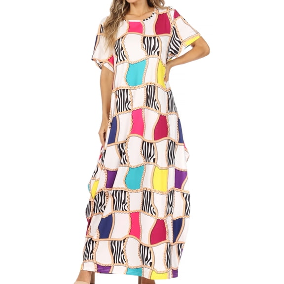 Sakkas Abeni Women's Short Sleeve Casual Print Long Maxi Cover-up Caftan Dress - Print6 - One Size