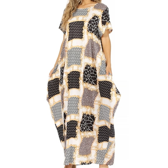 Sakkas Abeni Women's Short Sleeve Casual Print Long Maxi Cover-up Caftan Dress - Print9 - One Size