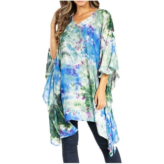 Sakkas Adalwin Second TieDye Desert Sun Circle Ponch Tunic Top Blouse W/Embroidery - 38-GreenBlue - One Size