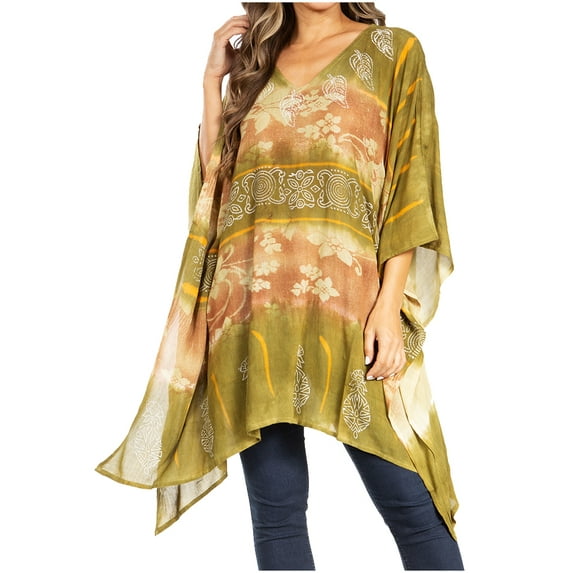 Sakkas Adalwin Second TieDye Desert Sun Circle Ponch Tunic Top Blouse W/Embroidery - 39-ArmyGreen - One Size