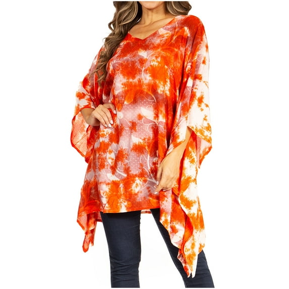 Sakkas Adalwin Second TieDye Desert Sun Circle Ponch Tunic Top Blouse W/Embroidery - 40-Orange - One Size