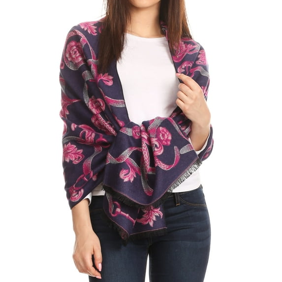 Sakkas Adele Floral Ornate Soft and Warm Pashmina Shawl Scarf Vegan Commute - Navy/pink - One Size Regular