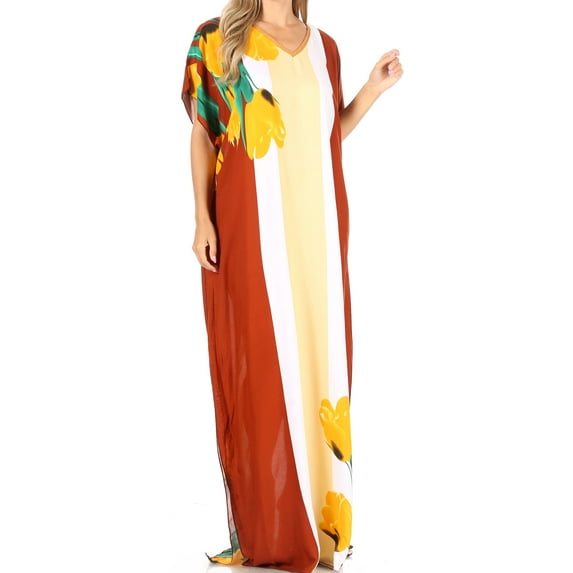 Sakkas Aggy Womens Dashiki African Print Caftan Dress Maxi Boho Hippie Colorful - Style8-C1Brown - One Size Regular