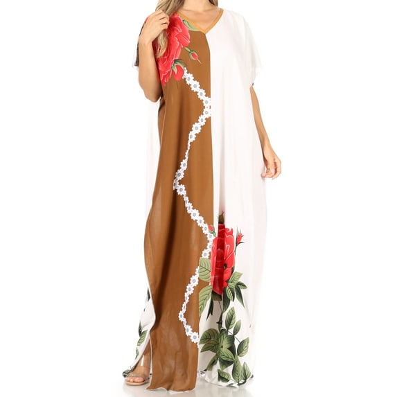 Sakkas Aggy Womens Dashiki African Print Caftan Dress Maxi Boho Hippie Colorful - Style9-C1Brown - One Size Regular