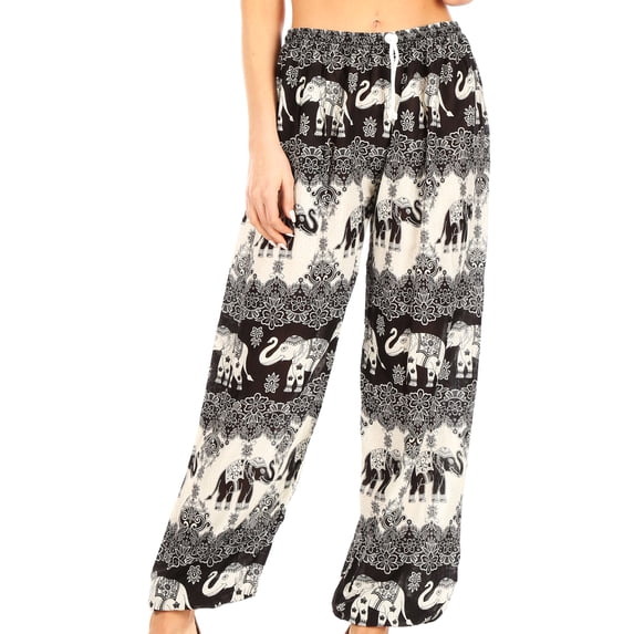 Sakkas Akilla Women's Loose Printed Yoga Elephant Pants Elastic Waist w/Pocket - E-Black - One Size