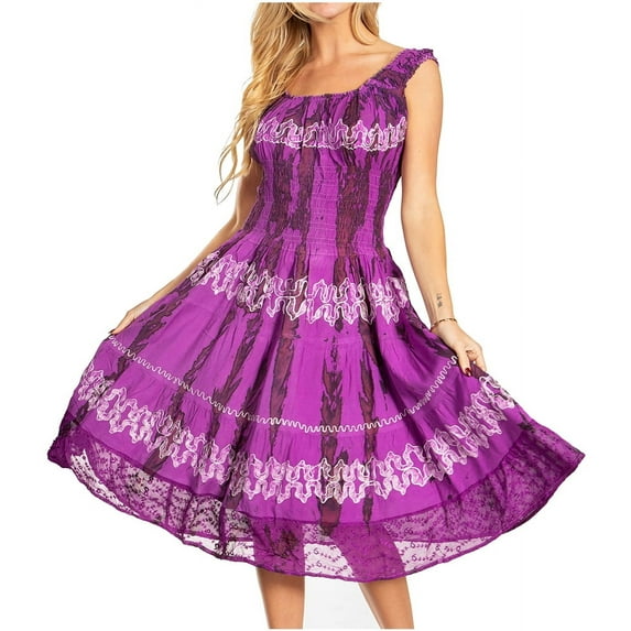 Sakkas Alba Women's Off The Shoulder Smock Ruffle Midi Dress Tie Dye & Embroidery - 46-Purple - One Size Regular