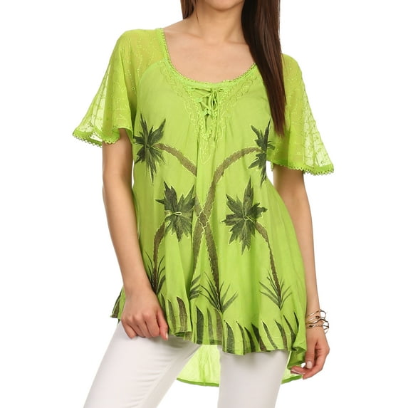 Sakkas Albina Island Relaxed Fit Embroidery Cap Sleeves Blouse / Top - Apple Green - Plus Size