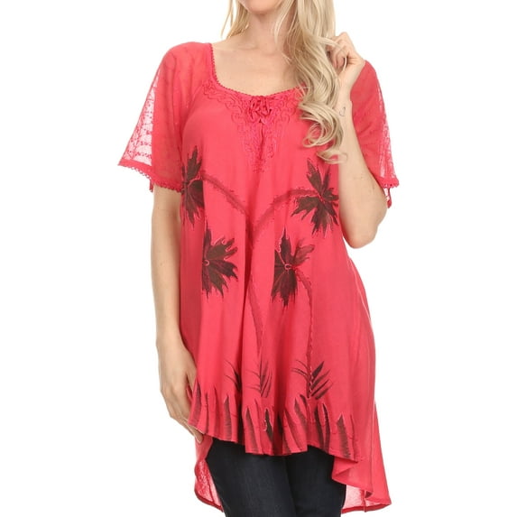 Sakkas Albina Island Relaxed Fit Embroidery Cap Sleeves Blouse / Top - Melon - One Size