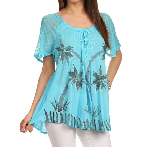 Sakkas Albina Island Relaxed Fit Embroidery Cap Sleeves Blouse / Top - Pacific Blue - One Size