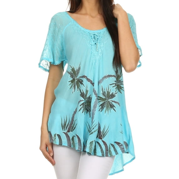 Sakkas Albina Island Relaxed Fit Embroidery Cap Sleeves Blouse / Top - Turquoise - One Size