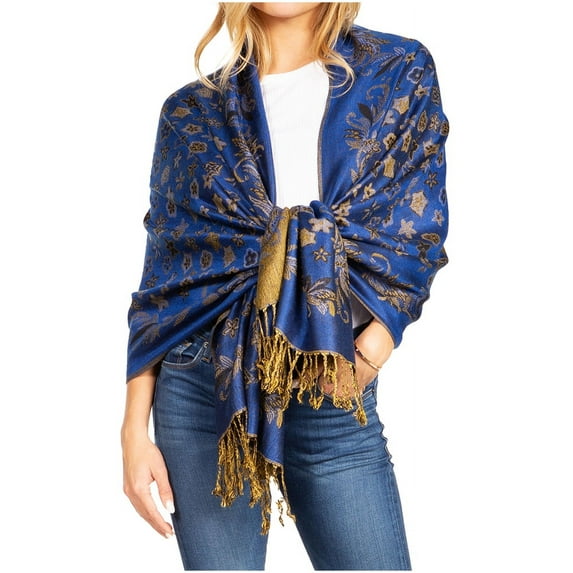 Sakkas Alessa Women's Silky Soft Reversible PaisleyPrint Pashmina Scarf Shawl Wrap - 23-D5-Blue - One Size Regular