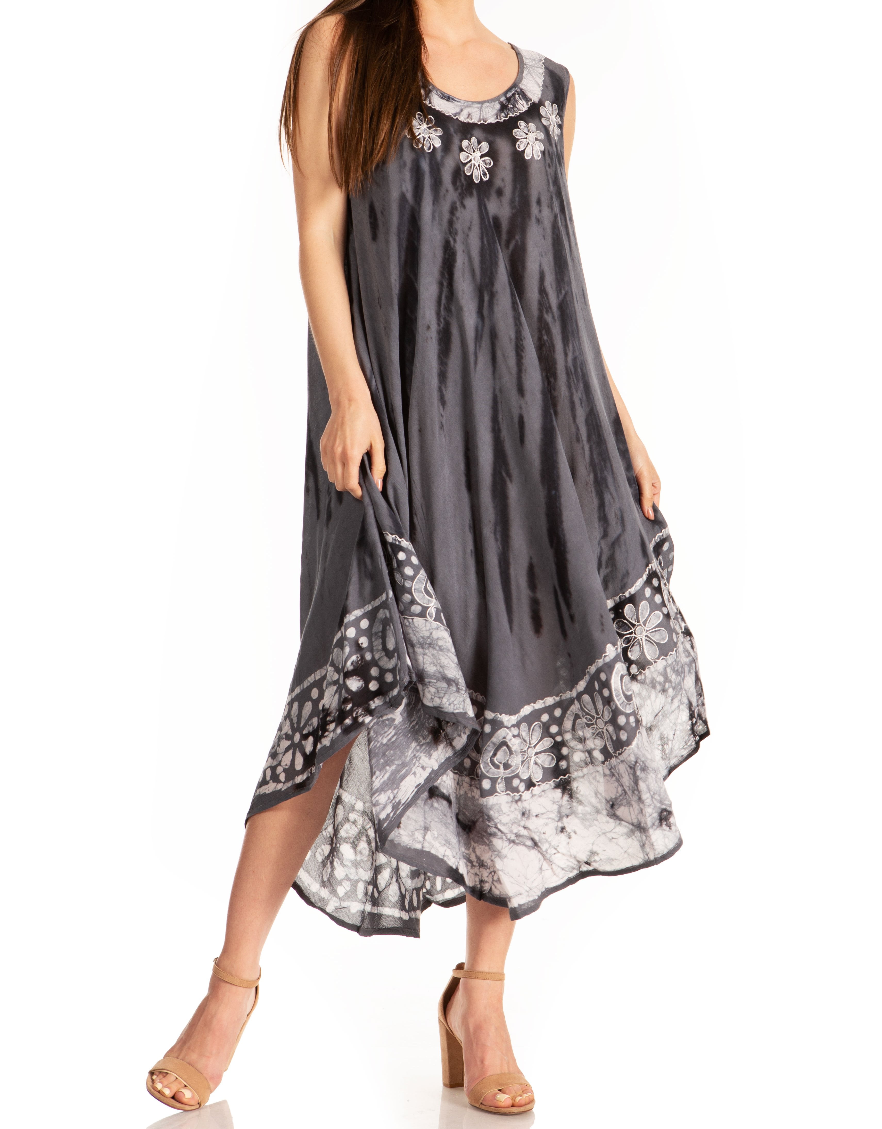Sakkas Alexis Embroidered Long Sleeveless Floral Caftan Dress / Cover Up -  Dusty Blue - One Size Regular