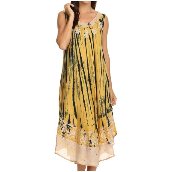 Sakkas Alexis Embroidered Long Sleeveless Floral Caftan Dress / Cover Up - Mustard Yellow - One Size