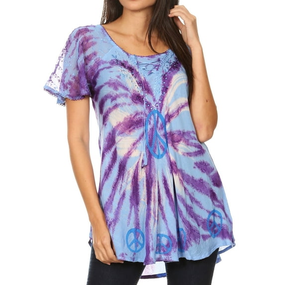 Sakkas Aline Women's Short Sleeve Casual Light Loose Scoop Neck Top Blouse Shirt - 19216-SkyBlue - One Size Regular