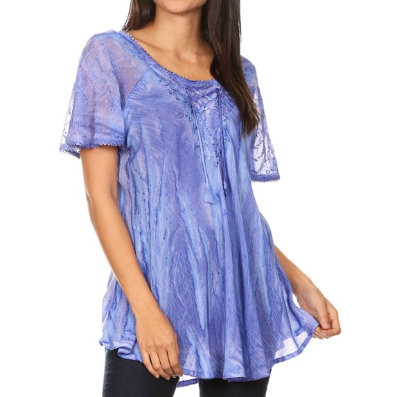 Sakkas Aline Women's Short Sleeve Casual Light Loose Scoop Neck Top Blouse Shirt - Blue - One Size Regular