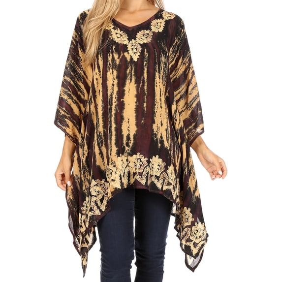 Sakkas Alizia Lightweight Embroidery Batik Top Tunic Blouse Caftan Cover up Poncho - Black / Cream - One Size Regular