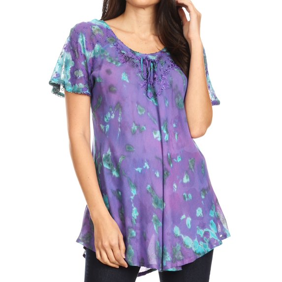 Sakkas Allegra Women's Short Sleeve Loose Fit Casual Tie Dye Blouse Tunic Shirt - 19205-Purple - One Size