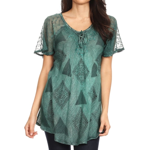 Sakkas Allegra Women's Short Sleeve Loose Fit Casual Tie Dye Blouse Tunic Shirt - 19209-Teal - Plus Size
